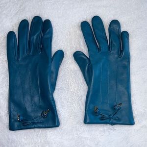 Coach Women's Teal Tea Rose Bow Leather Wool Lined Gloves Size 7.5.